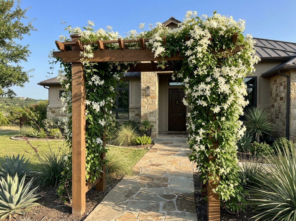 Autumn Clematis vine with clusters of small white star-shaped flowers and green foliage in bloom.
