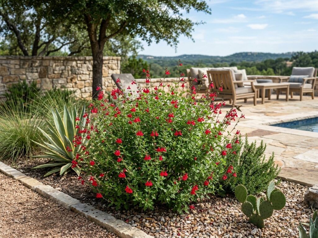 Autumn Sage perennial in a nursery pot with green foliage and clusters of red blooms.