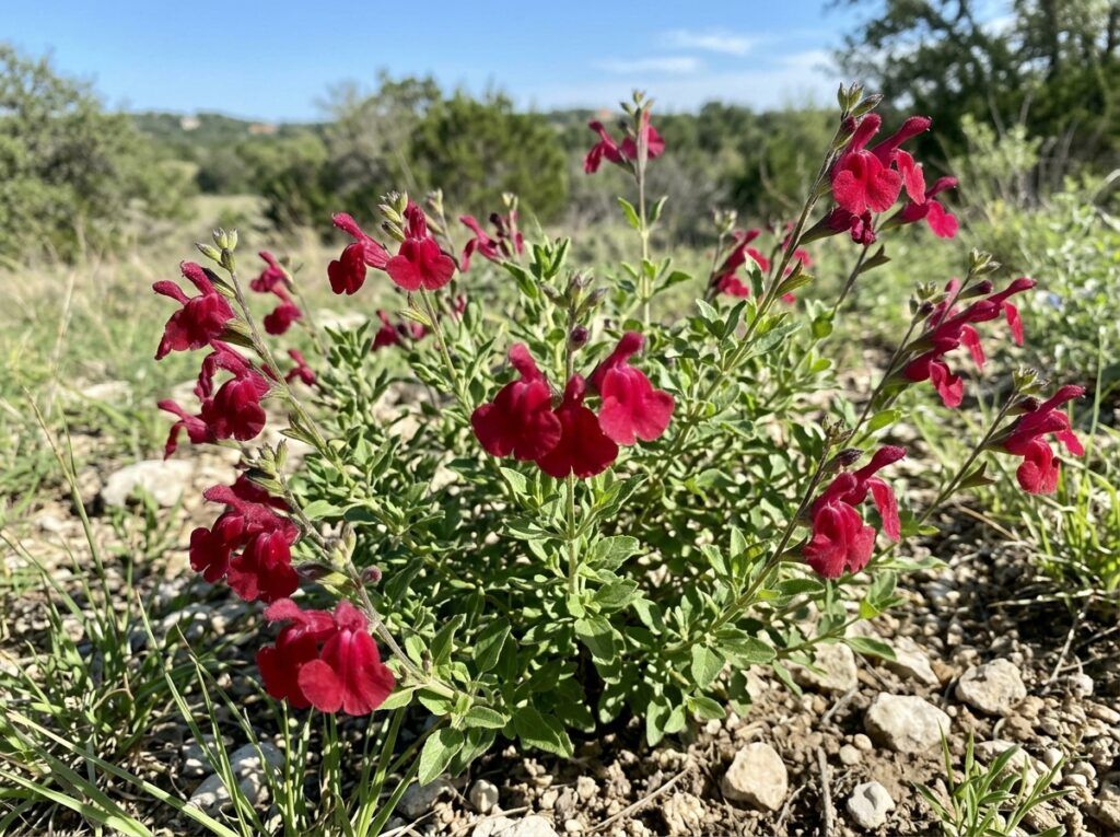 Autumn Sage perennial in bloom with pink-red flower spikes and green foliage in a nursery container.