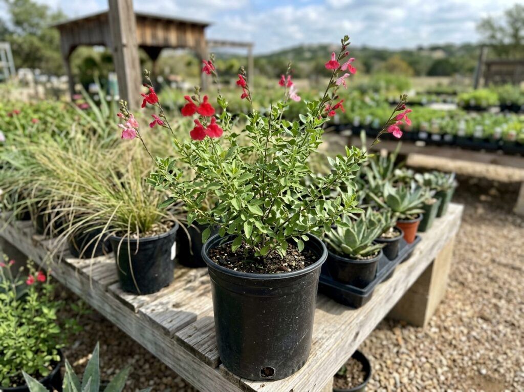 Autumn Sage perennial with green foliage and red tubular flowers in a nursery pot.