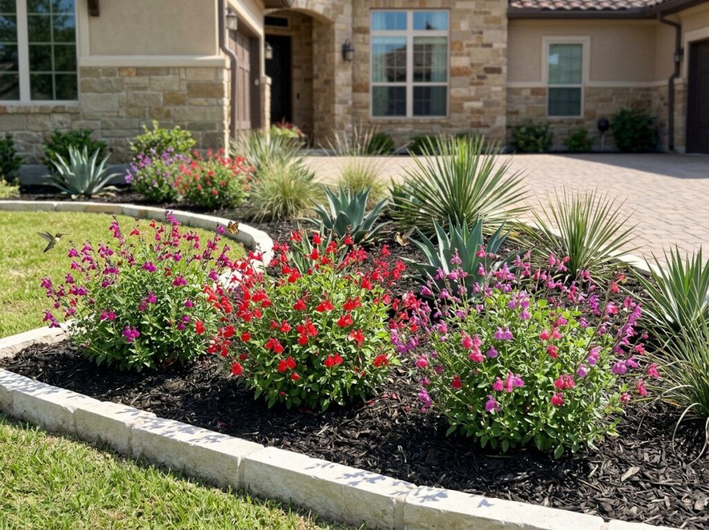 Autumn Sage perennial in a black nursery pot with green foliage and bright pink-red blooms.