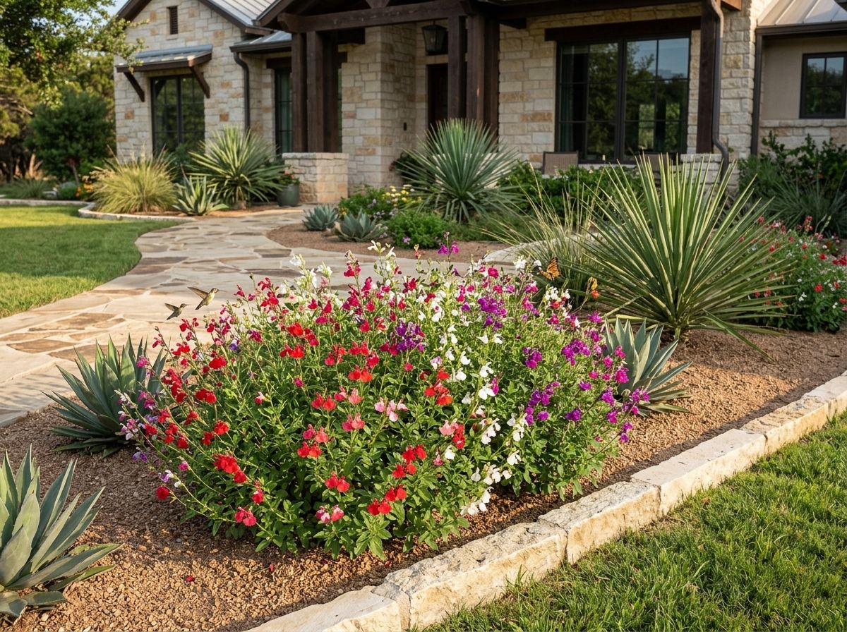 Autumn Sage perennial with upright green foliage and clusters of red tubular flowers in a garden bed.