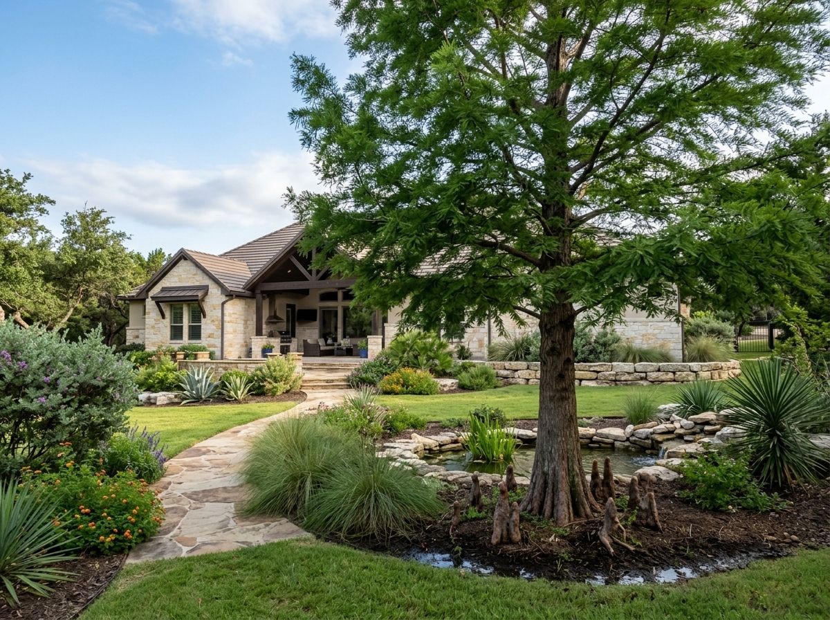 Bald Cypress tree with feathery green needles and flared trunk growing in a landscaped yard.