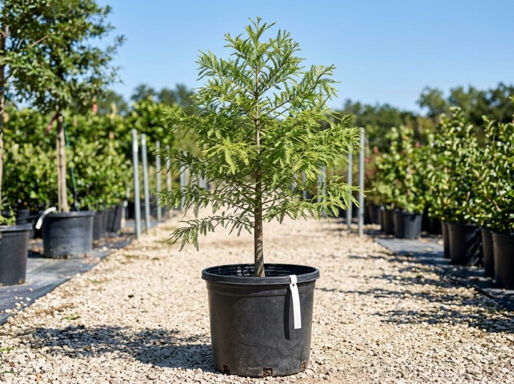 Bald Cypress tree with feathery green needles and a tapered trunk, shown as a single specimen on a white background.