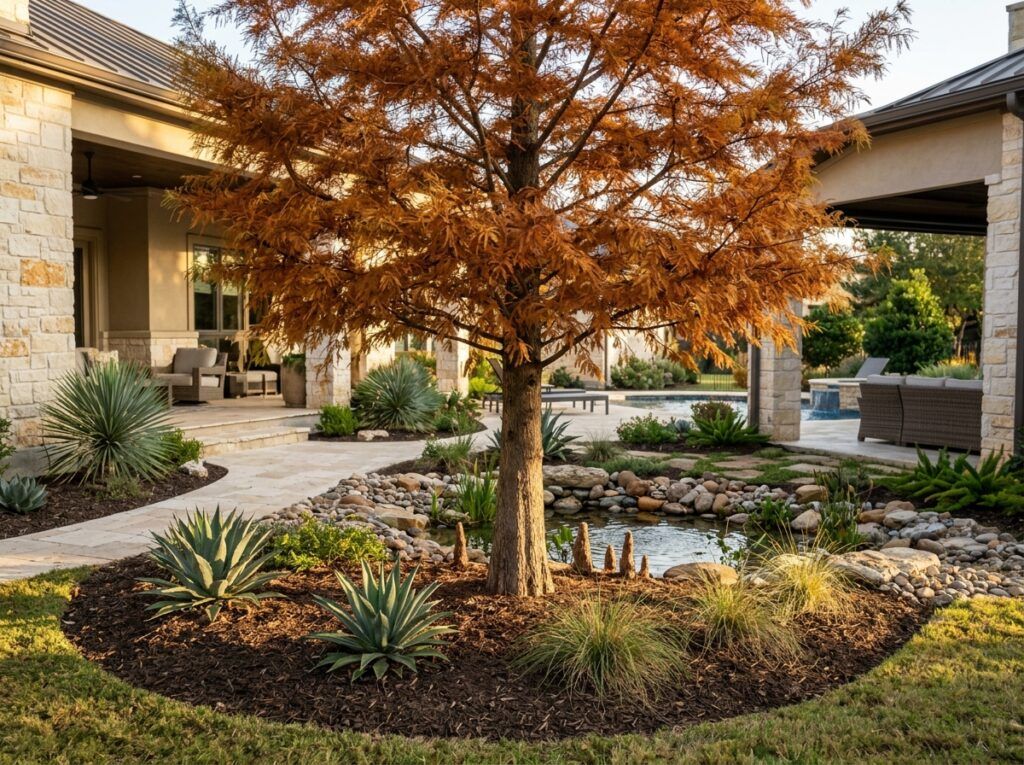 Bald Cypress tree in a nursery pot with feathery green needles and straight trunk, shown isolated on white.
