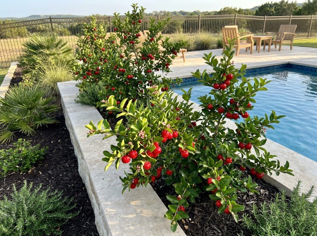 Barbados Cherry shrub with glossy green foliage shown in a nursery container.
