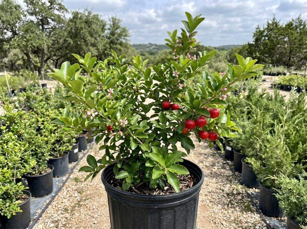 Barbados Cherry shrub in a nursery pot with glossy green leaves and clusters of red fruit.