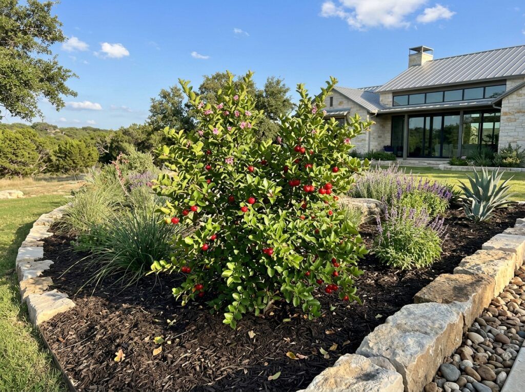 Barbados Cherry shrub in a pot with glossy green leaves and clusters of bright red fruit