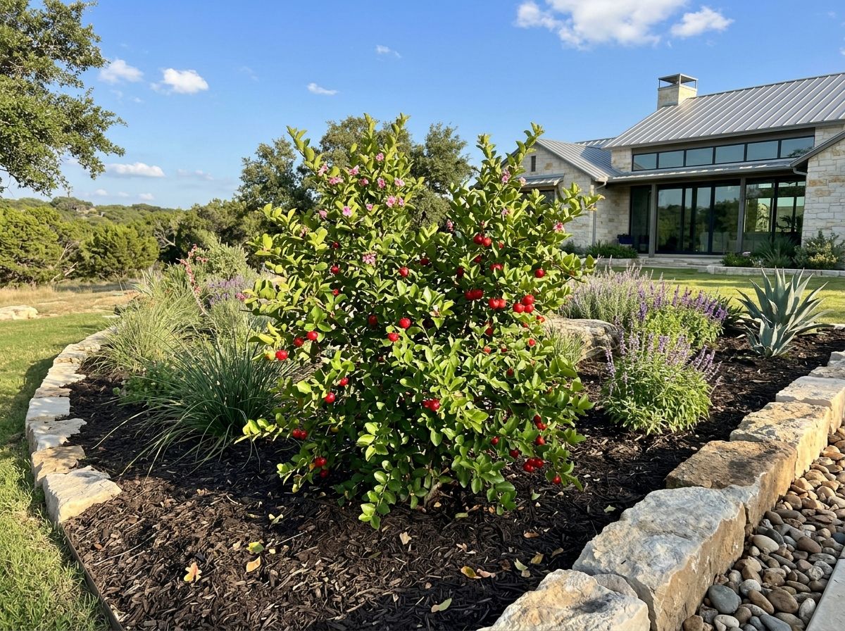 Barbados Cherry shrub in a pot with glossy green leaves and clusters of bright red fruit