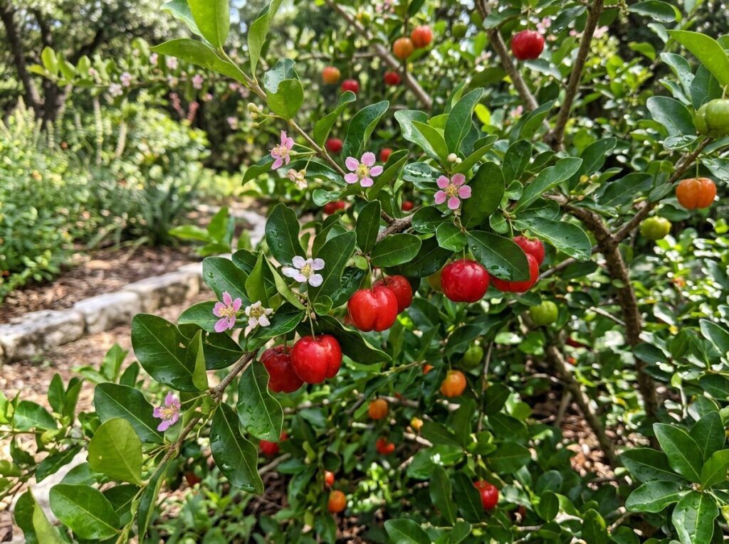 Barbados Cherry tree in nursery pot with glossy green leaves and red fruit clusters.