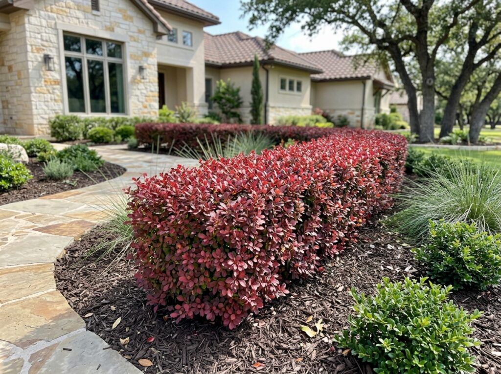 Barberry shrub in a black nursery pot with dense foliage and small leaves.