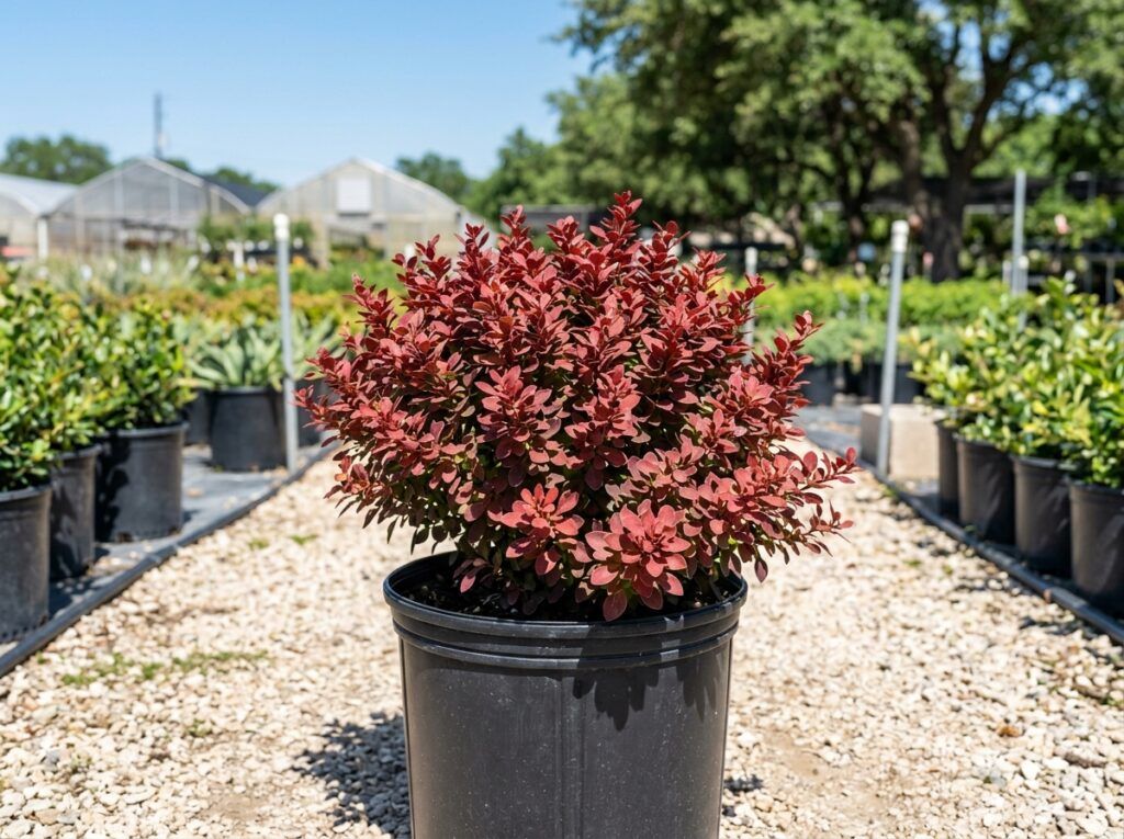 Barberry shrub with dense branching and small oval reddish-green leaves growing in a nursery container.