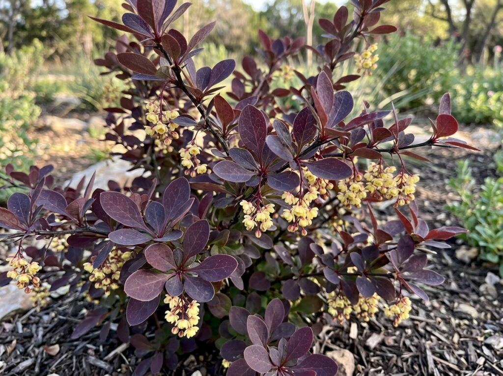 Barberry shrub with dense green foliage in a nursery container.