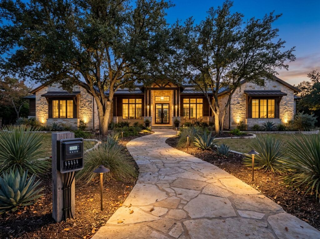 Basic Transformer for landscape lighting mounted on exterior wall, black metal box with conduit and timer dial.
