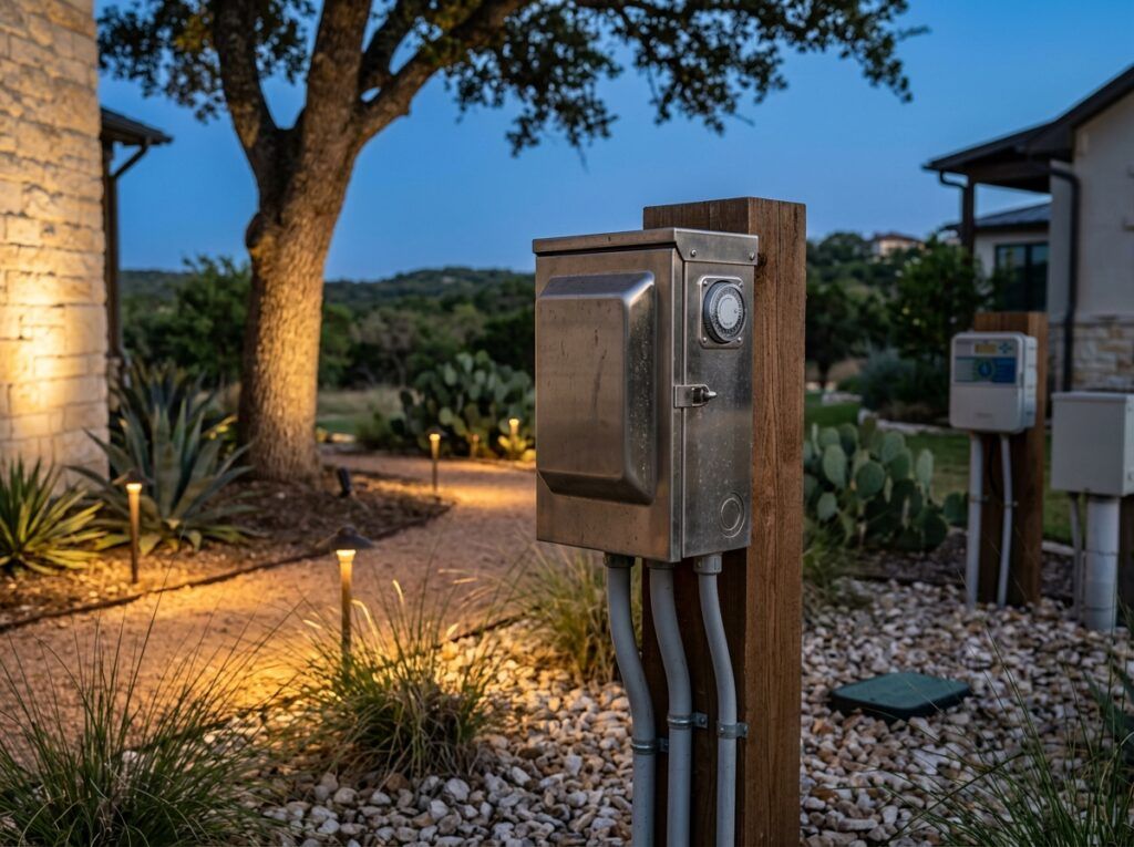 Basic Transformer for landscape lighting mounted on wall with dark metal enclosure and bottom conduit.