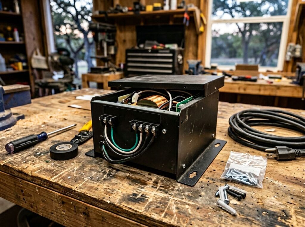 Basic Transformer for landscape lighting mounted on a wall, dark metal box with wiring exiting the bottom.