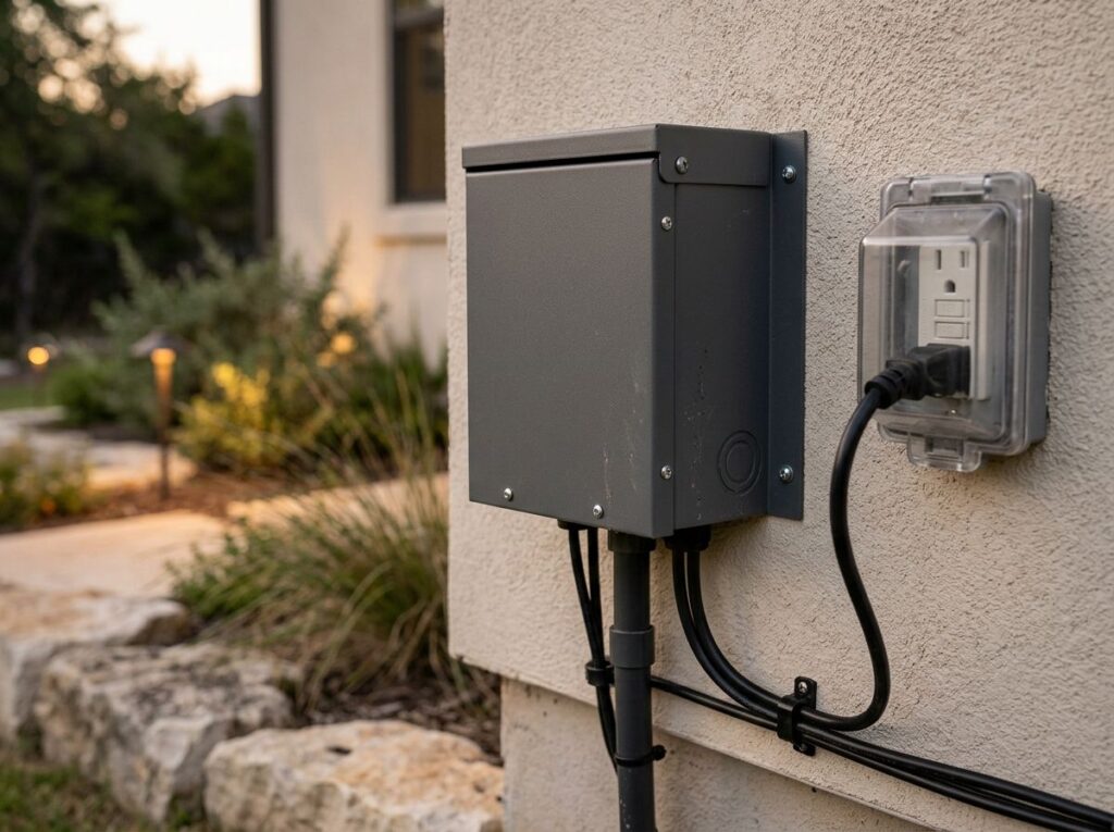 Basic Transformer for landscape lighting mounted on wall, dark metal box with conduit and timer dial.