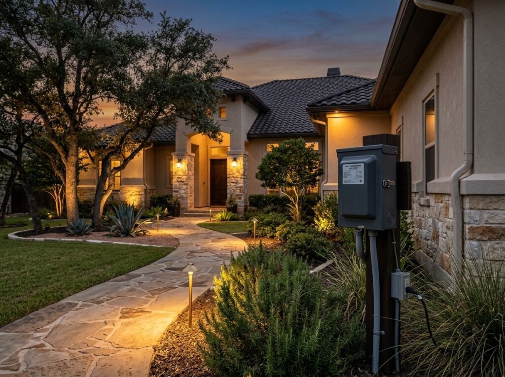 Basic Transformer for landscape lighting mounted on an exterior wall, with dark metal housing and bottom conduit connection.