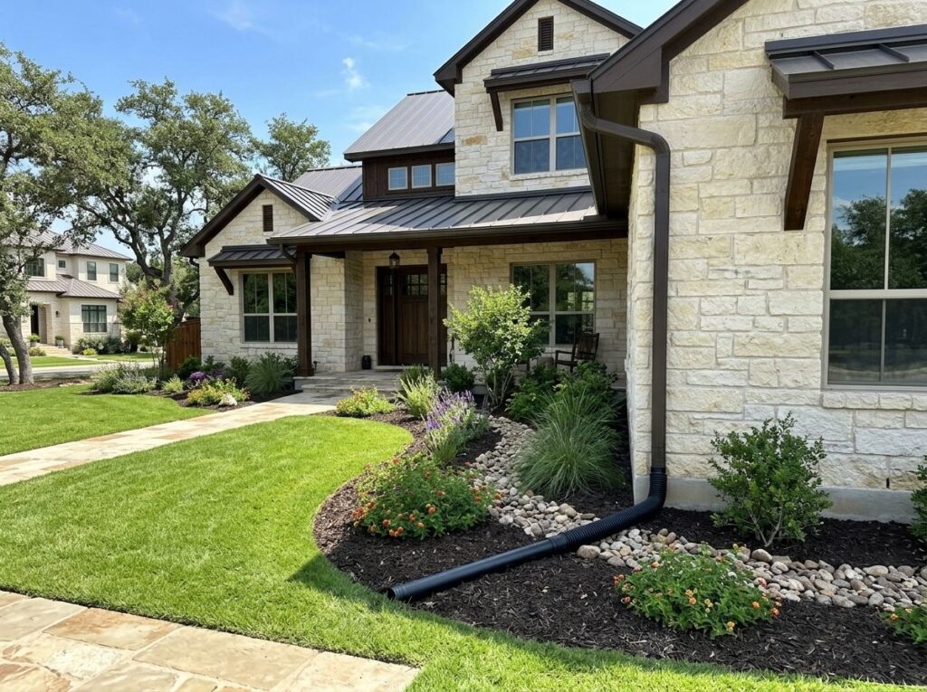 Basic Downspout Extension drainage pipe carries roof runoff away from house across lawn.