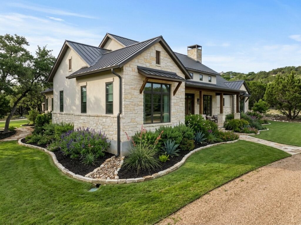 Basic Downspout Extension drainage pipe carries roof runoff away from the house along a mulch bed.