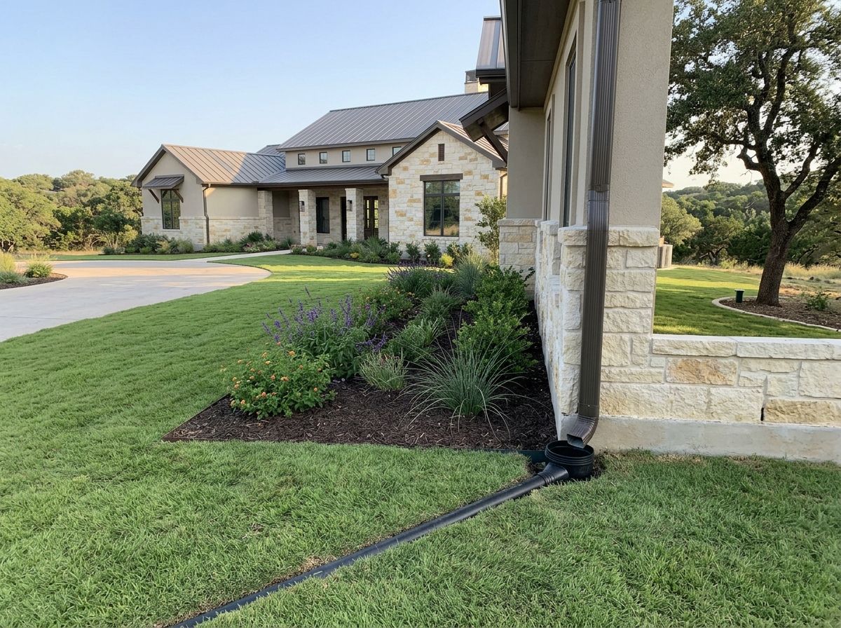 Basic Downspout Extension drainage pipe attached to gutter downspout, directing runoff across lawn away from house.
