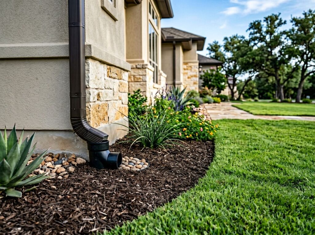 Basic Downspout Extension drainage pipe connected to a gutter downspout, extending along the ground to divert runoff away.