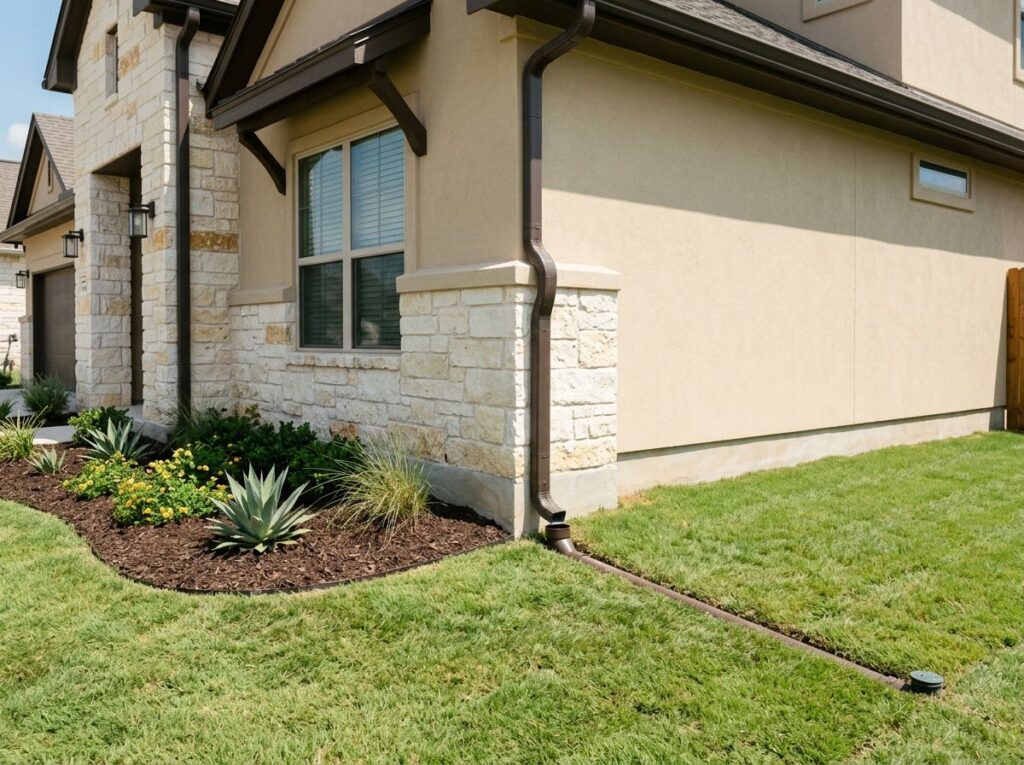 Basic Downspout Extension drainage pipe attached to gutter downspout, directing water away across lawn.
