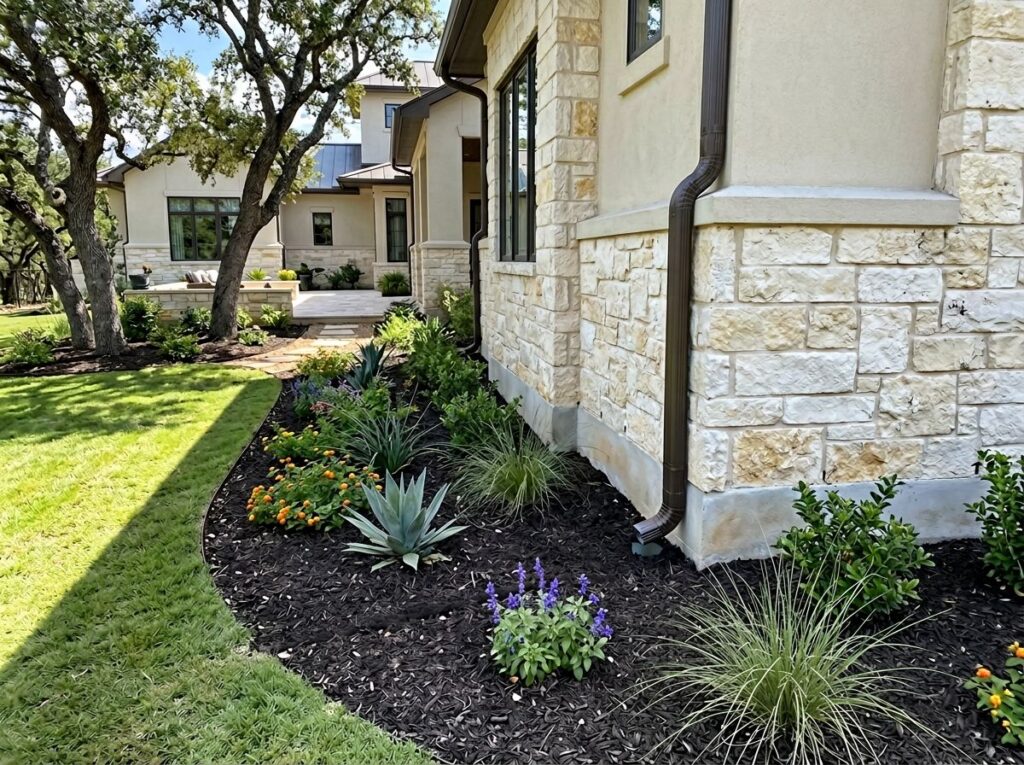 Basic Downspout Extension drainage pipe attached to house downspout, directing runoff across lawn.