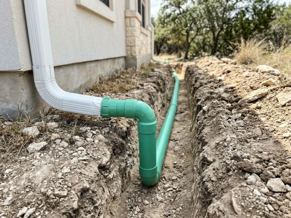 Basic Downspout Extension drainage pipe attached to gutter downspout, extending across lawn to divert runoff.