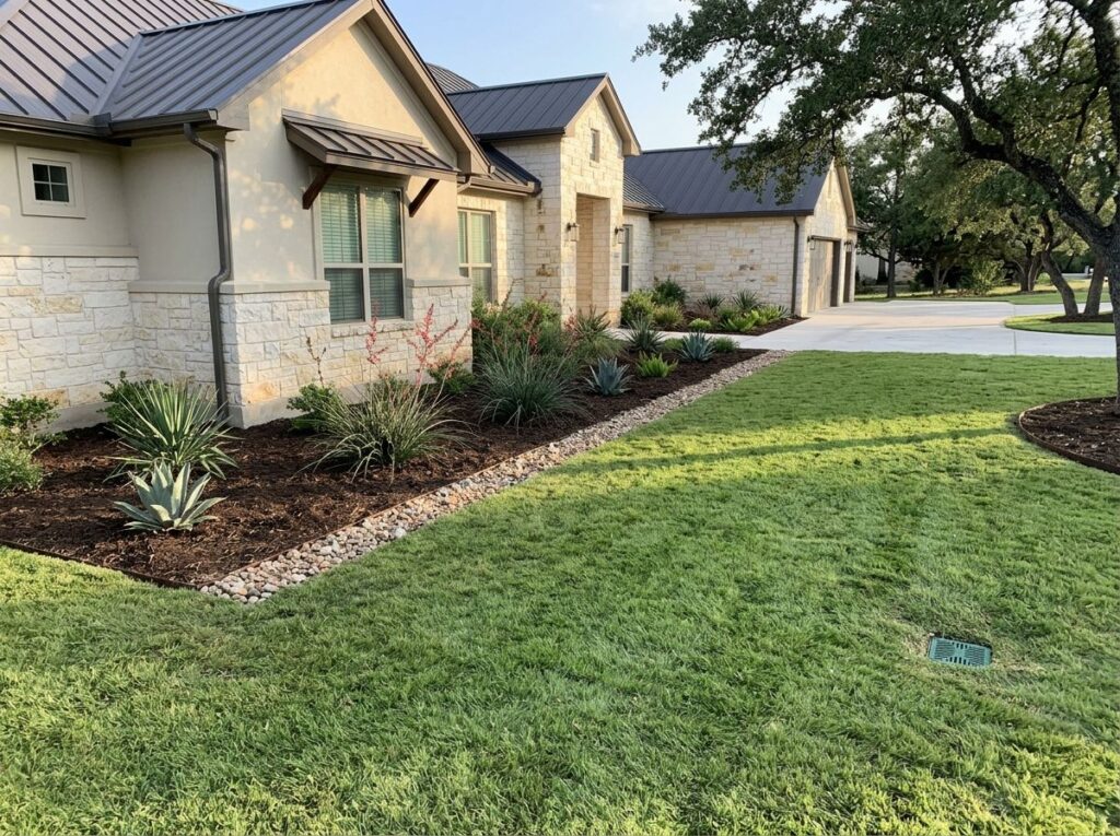 Basic French Drain System drainage trench with gravel and perforated pipe along lawn edge.