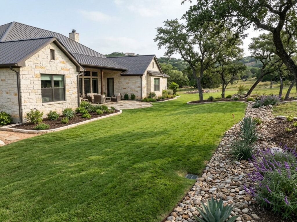 Basic French Drain System with perforated pipe in a gravel-filled trench along the yard edge for drainage.
