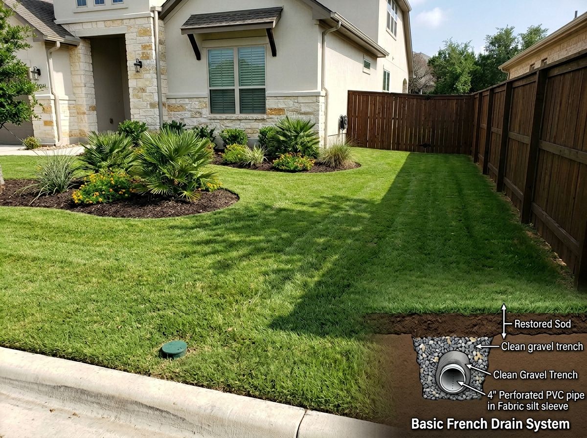 Basic French Drain System French drain drainage trench with perforated pipe in gravel along yard slope.