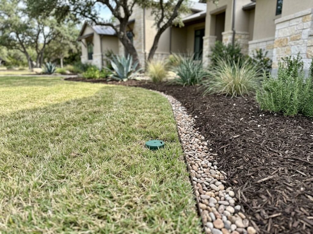 Basic French Drain System drainage trench with perforated pipe wrapped in fabric and gravel along yard slope.