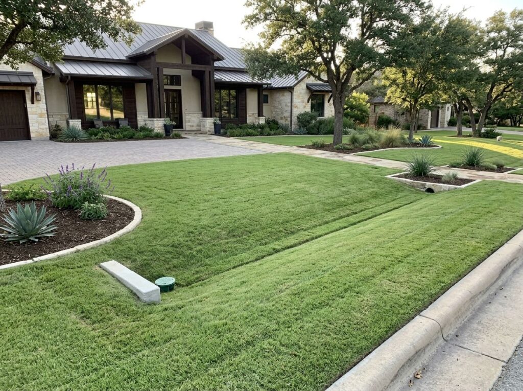 Basic French Drain System drainage trench with perforated pipe wrapped in fabric and gravel running along a yard slope.