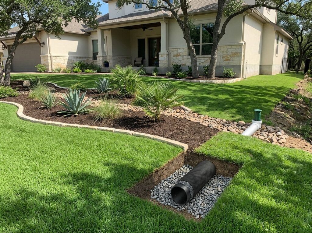 Basic French Drain System drainage trench with perforated pipe in gravel wrapped in fabric beside lawn slope.