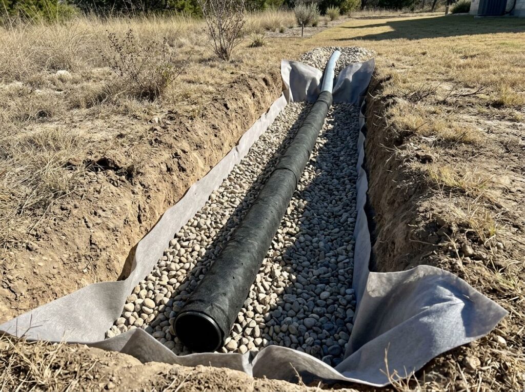 Basic French Drain System drainage installation with perforated pipe in gravel trench along yard slope.