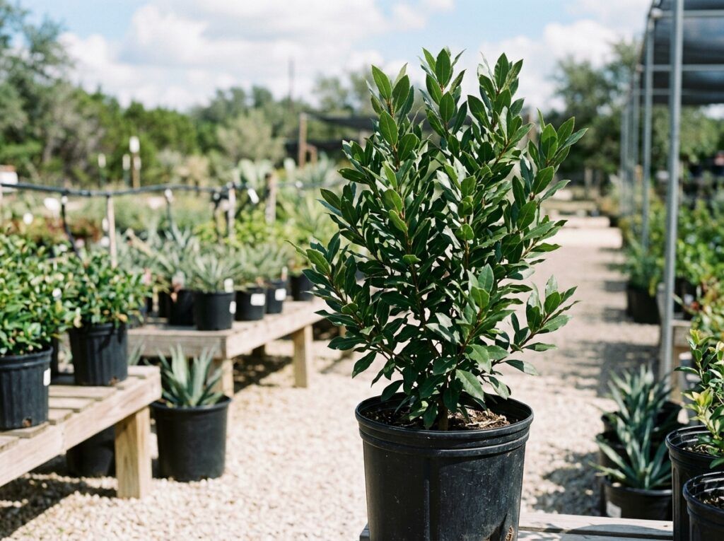 Bay Laurel Tree in a black nursery pot with dense green foliage on a light background.