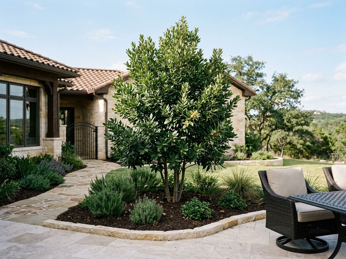 Bay tree with dense glossy green foliage in a large container near a luxury home entrance walkway