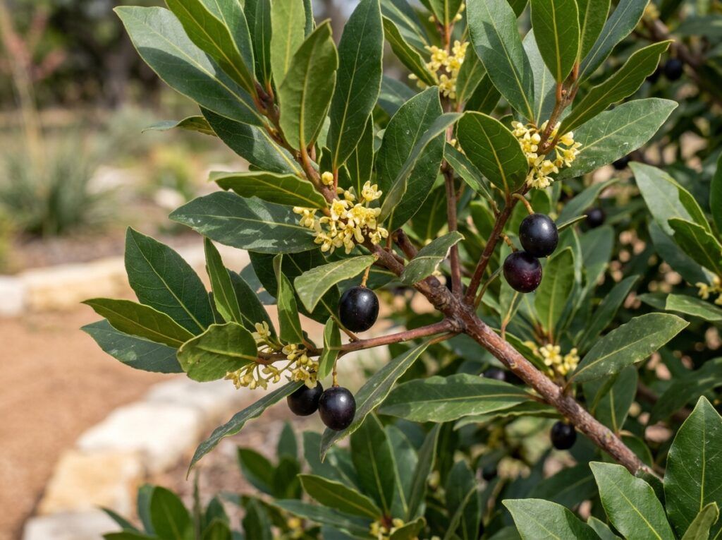 Bay Tree in a nursery pot with dense, glossy green leaves and upright branching growth.