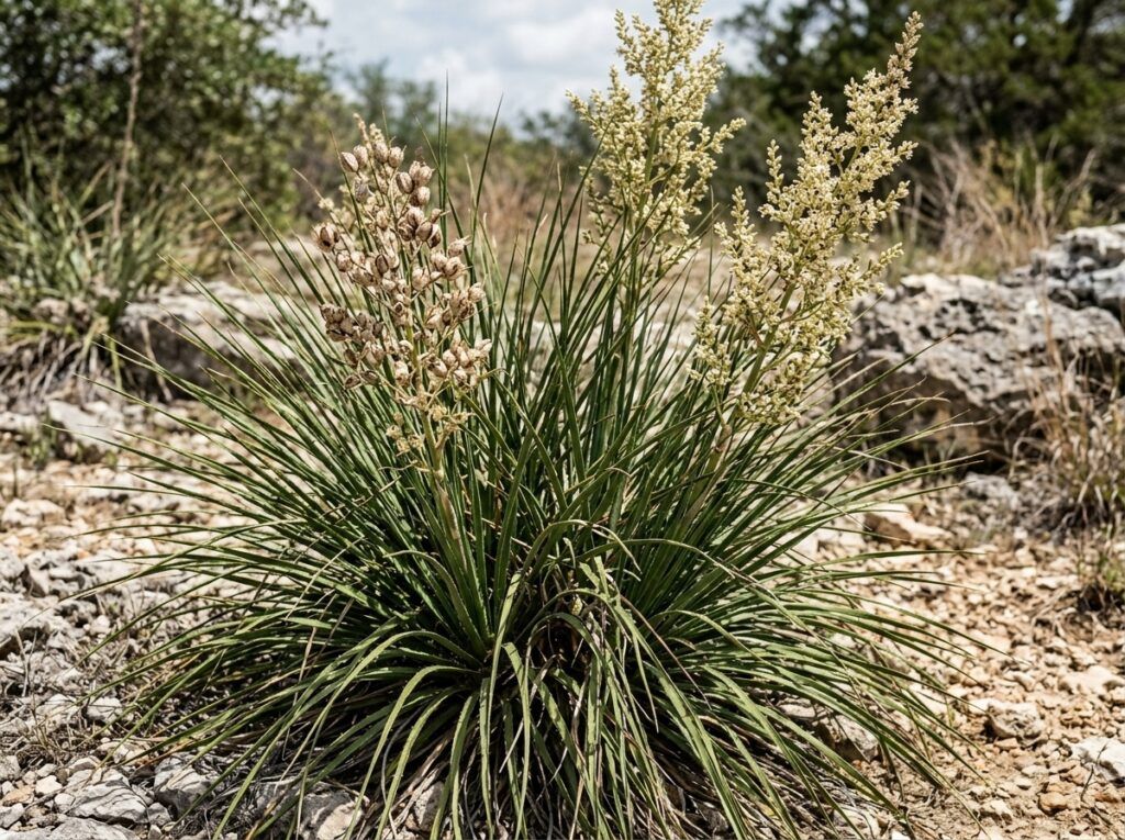 Bear Grass perennial with dense clump of narrow, arching green blades in a container.