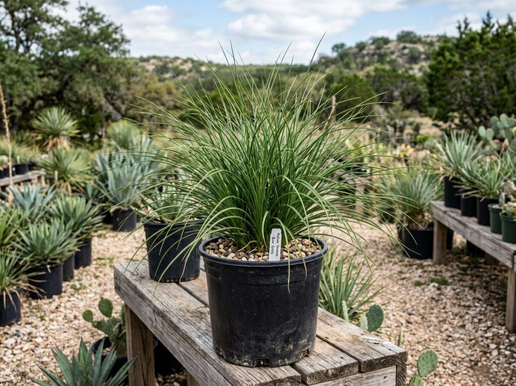 Bear Grass perennial with spiky green arching leaves in a nursery container.