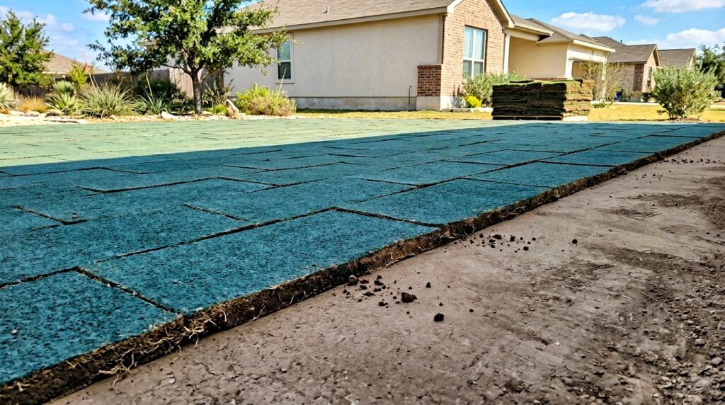 Bermuda Celebration sod rolls stacked with lush green blades, ready for sod installation.