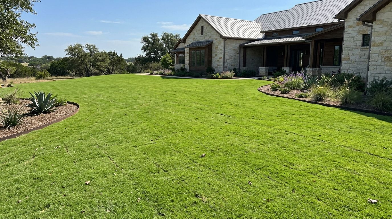 Bermuda Common sod installation with fresh green rolls laid in neat seams across a sunny lawn.