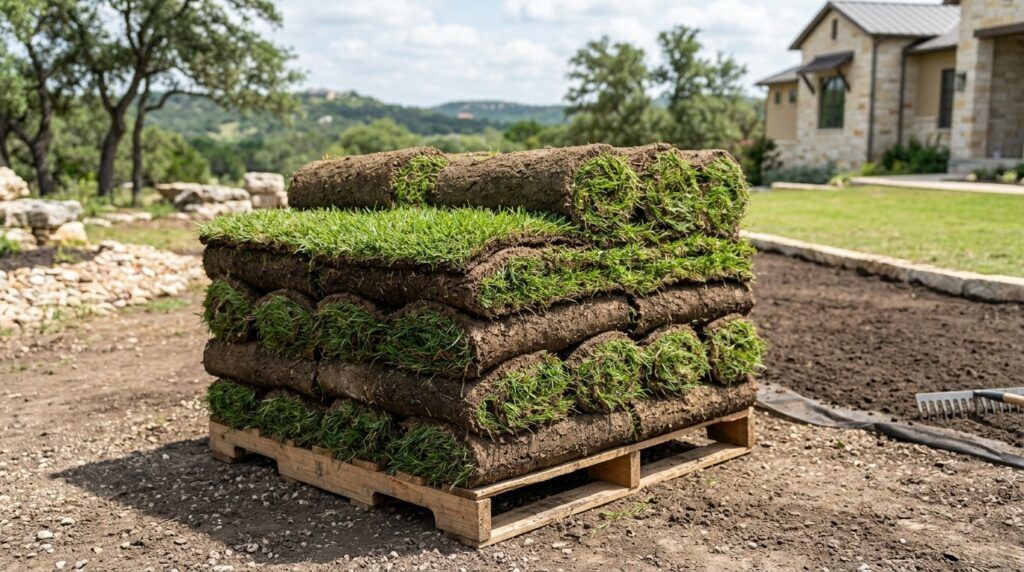 Bermuda Common sod installation with fresh green sod rolls laid in tight seams across a yard.