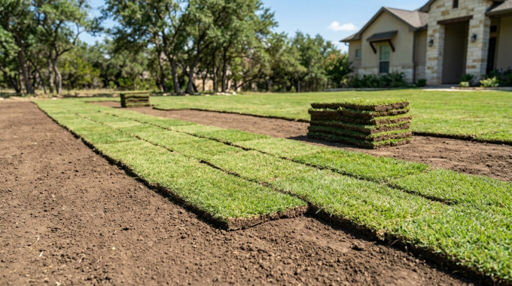 Bermuda Common sod rolls stacked on pallet, showing dense green blades ready for sod installation.