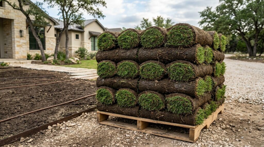 Bermuda CT2 sod rolls freshly laid in neat seams on a vibrant green lawn.
