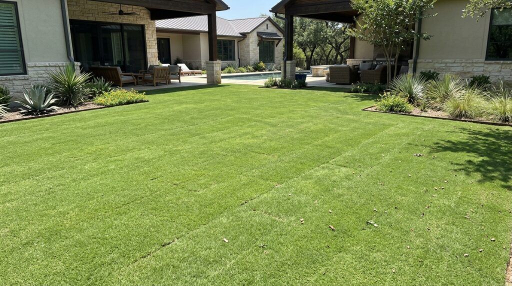 Bermuda CT2 sod rolls laid in neat seams on a freshly graded yard, bright green turf ready to root.