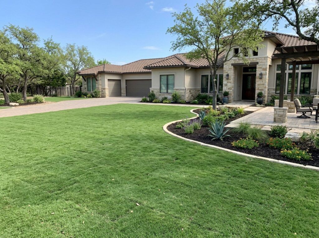 High-end finished lawn with TifSport Bermuda sod, dense fine-textured green turf installed around a luxury home, even smooth grade, neat landscape edges, subtle seam hints and realistic blade variation highlighting professional sod installation.