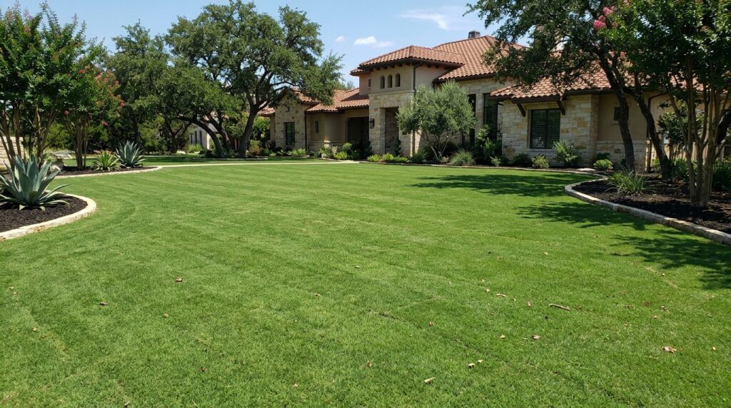 Bermuda Tif Sport sod freshly installed in neat seams, forming a dense, vibrant green lawn.