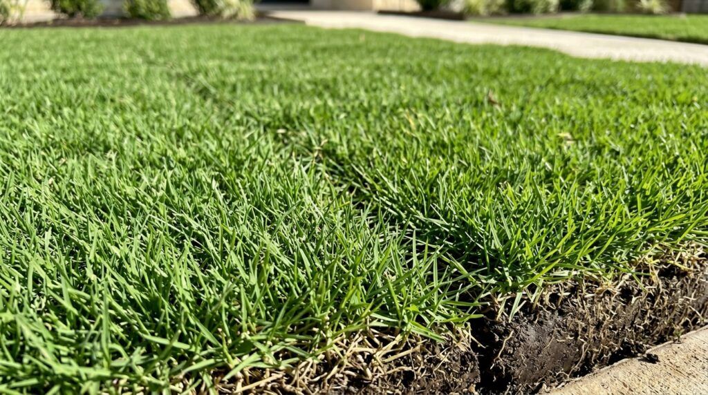 I'll inspect the provided image to write accurate alt text.Bermuda Tif Sport sod rolls stacked on a pallet, showing dense green turf ready for sod installation.